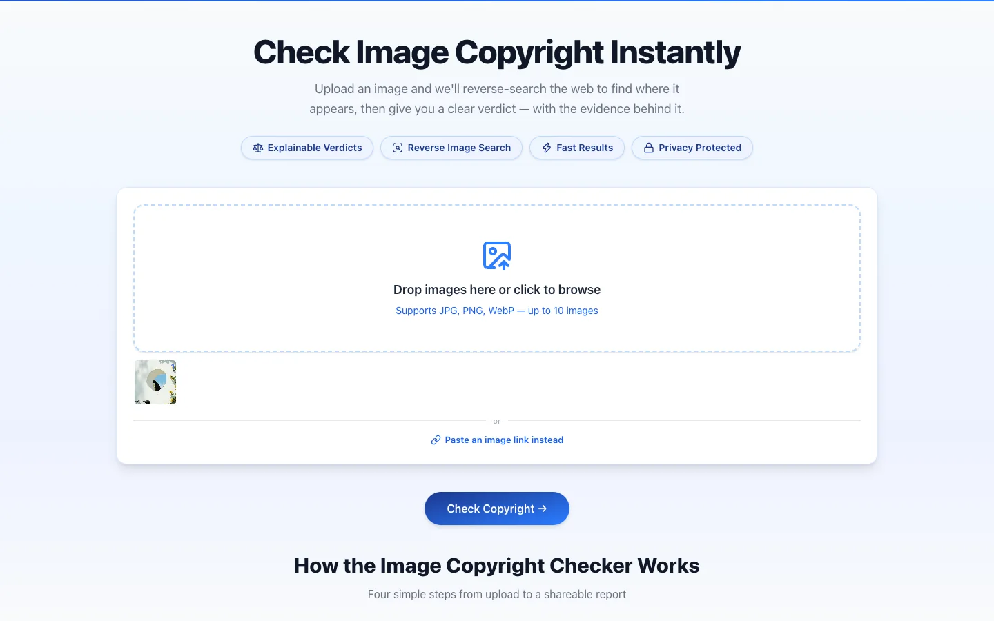 Upload panel of the copyright checker with a photo dropped in and ready to check